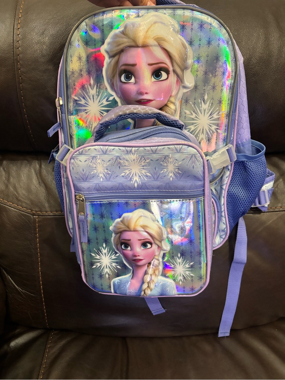 Elsa Holographic Kids Backpack with lunch bag included - Purple & Blue